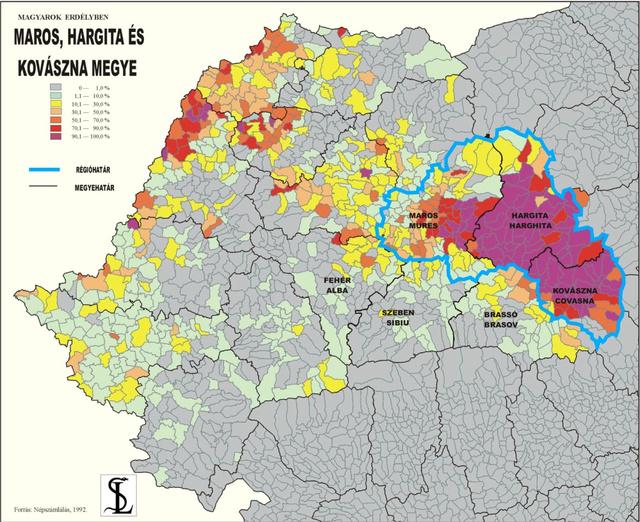 Les județ de Mureș, Covasna et Harghita, où la minorité hongroise est très présente. (carte hu-lala.org)